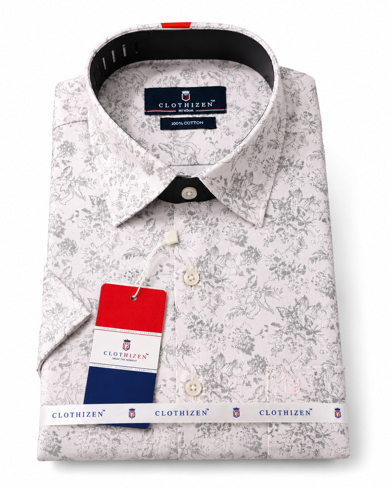 Men's Printed Slim Fit Semi Formal Shirt | Ivory White with Silver Grey Floral Print | Premium | 100% Cotton | Half Sleeves | Single Chest Pocket