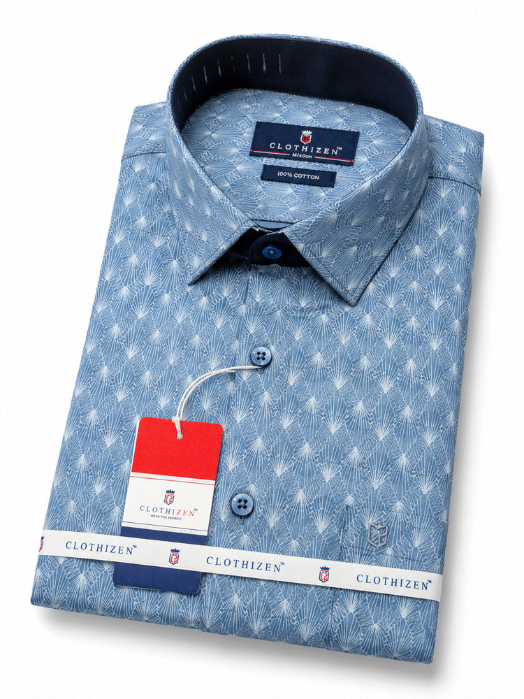 Men's Printed Regular Fit Formal Shirt | Aqua Blue | Premium |100% Satin Cotton | Full Sleeves | Single Chest Pocket