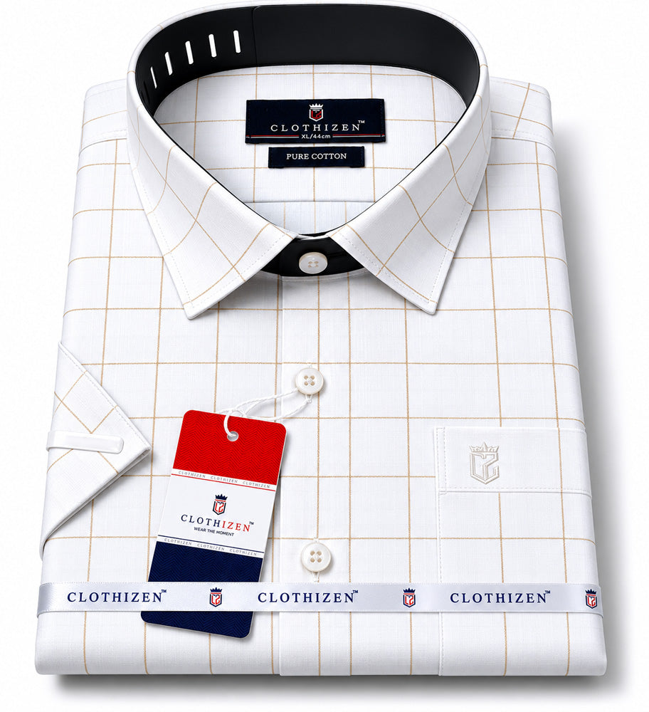 Men's Checkered Regular Fit Formal Shirt | White with Black Checks | Premium | Pure Cotton | Half Sleeves | Single Chest Pocket