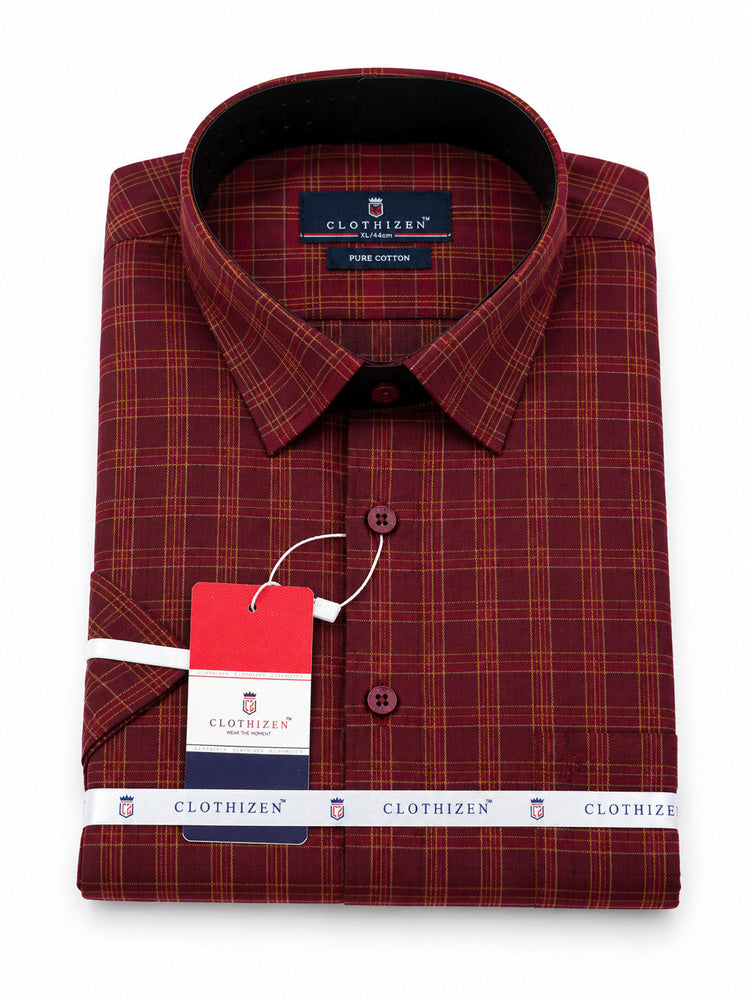 Men's Checkered Regular Fit Formal Shirt | Charcoal Grey with Copper Checks | Premium | Pure Cotton | Half Sleeves | Single Chest Pocket
