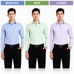 Clothizen Men's Solid Formal Shirt pack of 3 | Green | Lavender | Medium Blue | Premium | Cotton Enriched | Full Sleeves | Comfort Fit | Single Chest Pocket