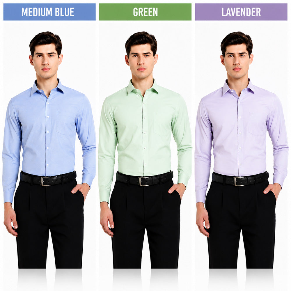Clothizen Men's Solid Formal Shirt pack of 3 | Green | Lavender | Medium Blue | Premium | Cotton Enriched | Full Sleeves | Comfort Fit | Single Chest Pocket