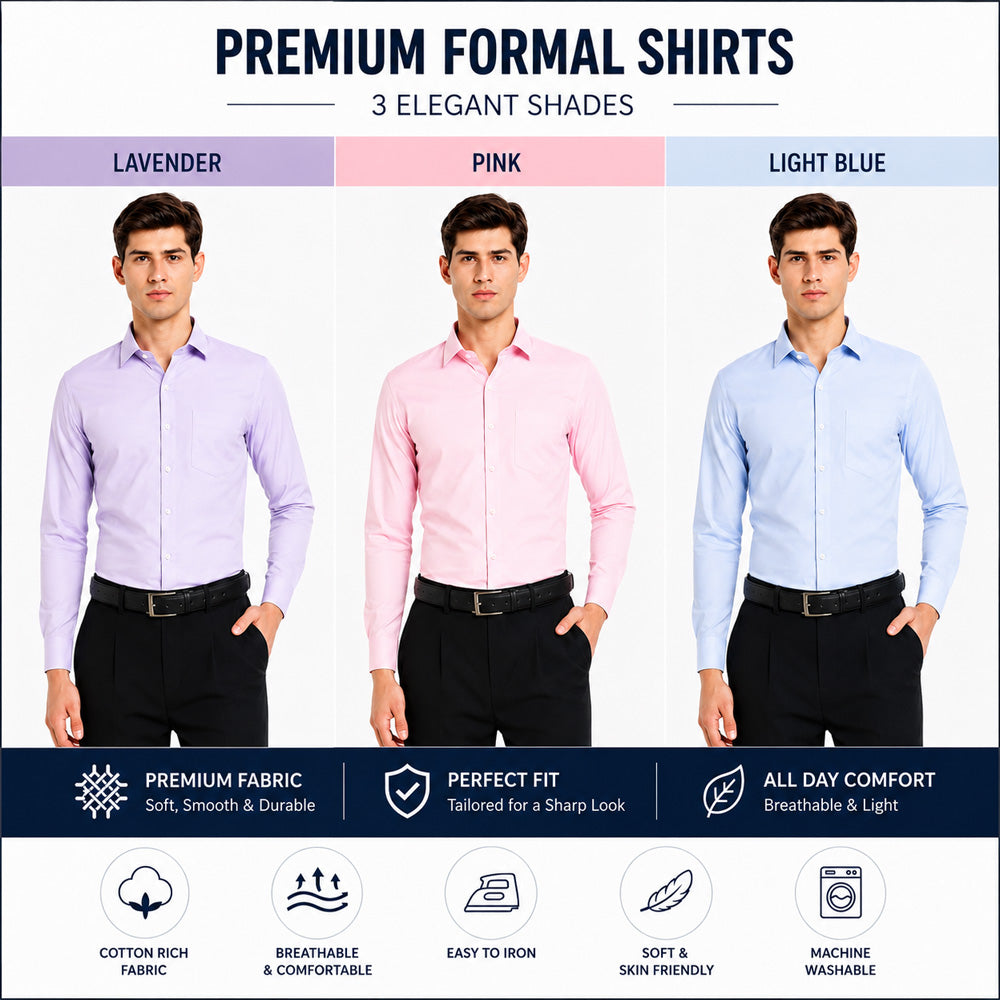 Clothizen Men's Solid Formal Shirt pack of 3 | Light Blue | Lavender | Pink | Premium | Cotton Enriched | Full Sleeves | Comfort Fit | Single Chest Pocket