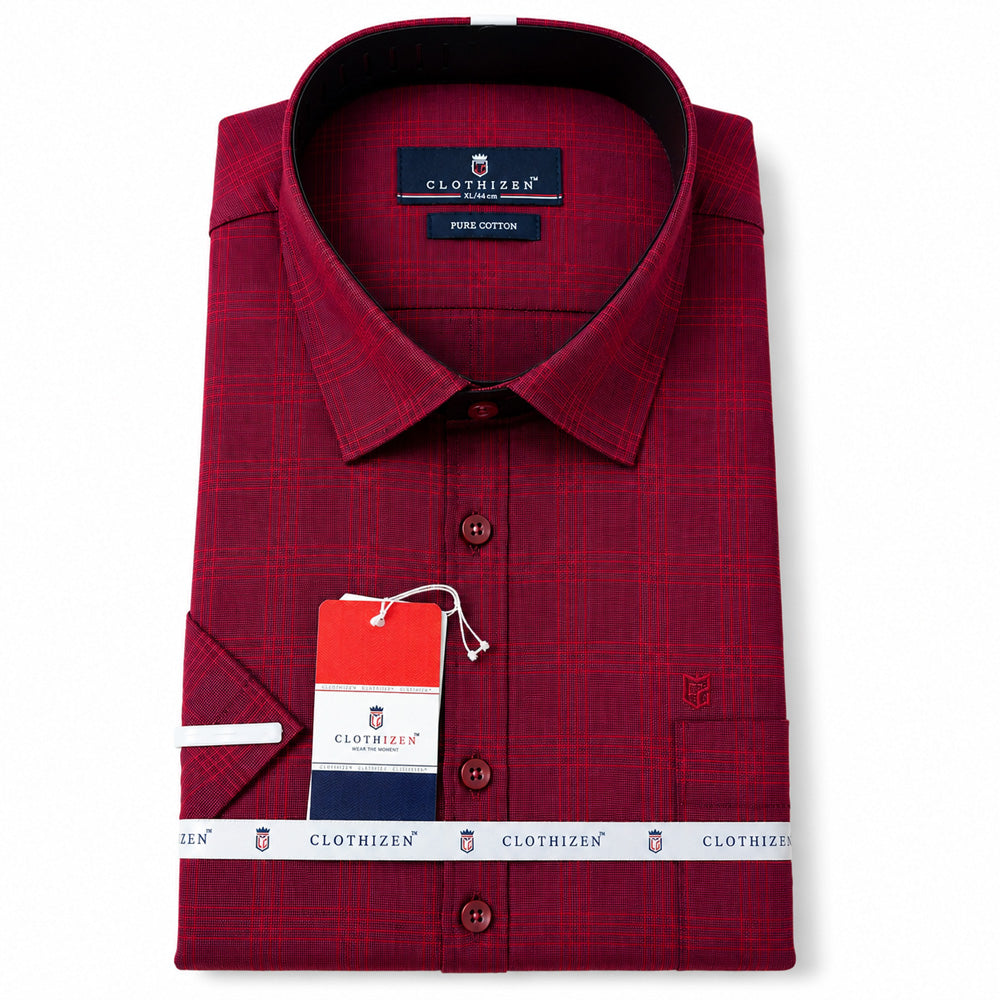 Men's Checkered Regular Fit Formal Shirt | Crimson Red with Self Checks | Premium | Pure Cotton | Half Sleeves | Single Chest Pocket
