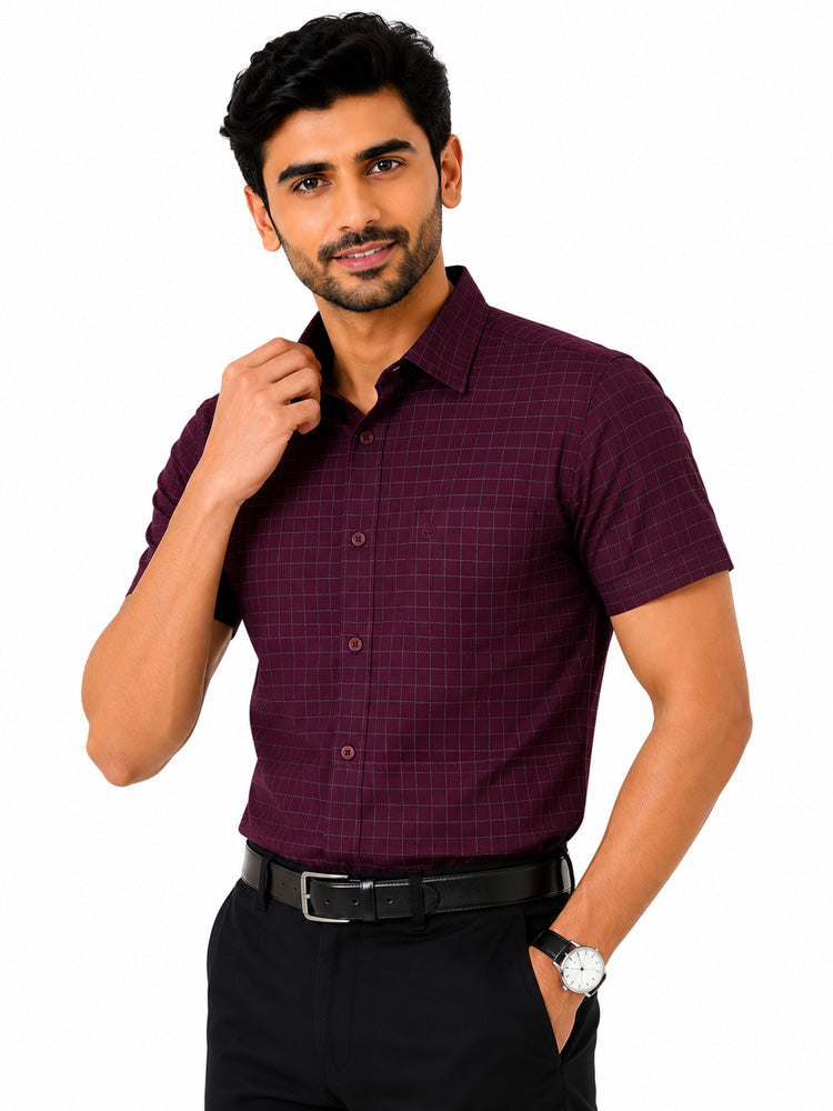 Men's Checkered Regular Fit Formal Shirt | Wine with Grey Checks | Premium | Pure Cotton | Half Sleeves | Single Chest Pocket