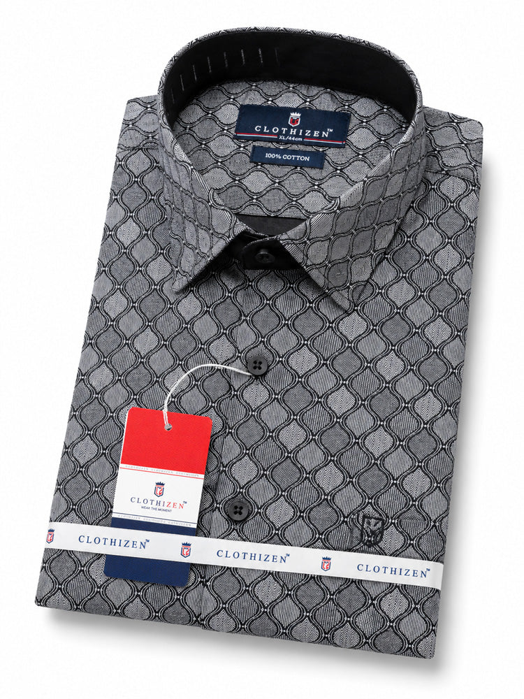 Men's Printed Regular Fit Formal Shirt | Black | Premium | 100% Cotton | Full Sleeves | Single Chest Pocket