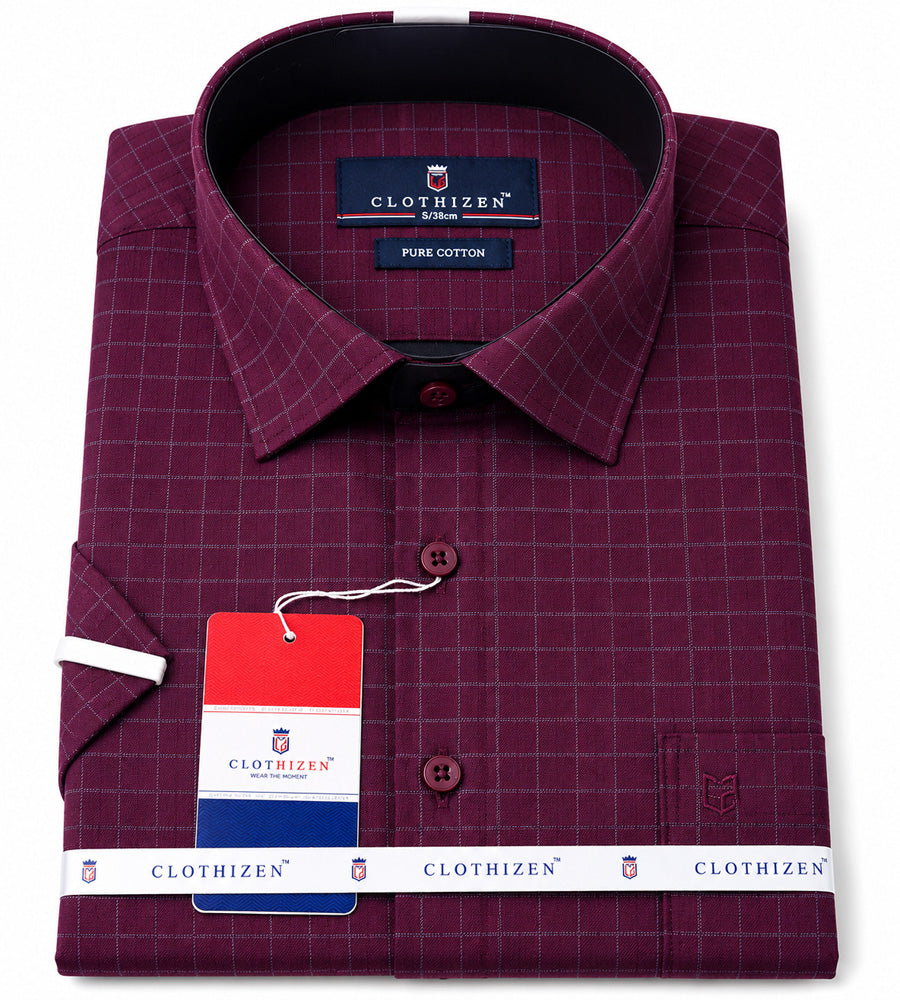 Men's Checkered Regular Fit Formal Shirt | Wine with Grey Checks | Premium | Pure Cotton | Half Sleeves | Single Chest Pocket