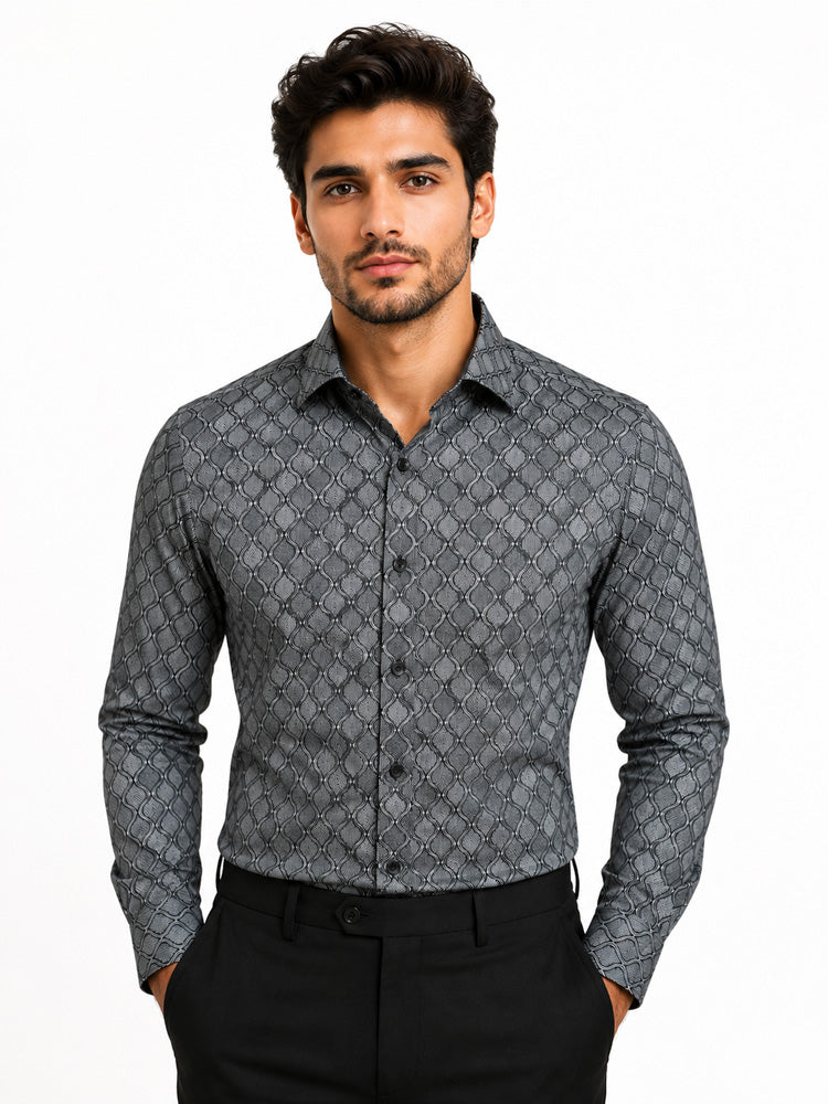 Men's Printed Regular Fit Formal Shirt | Black | Premium | 100% Cotton | Full Sleeves | Single Chest Pocket