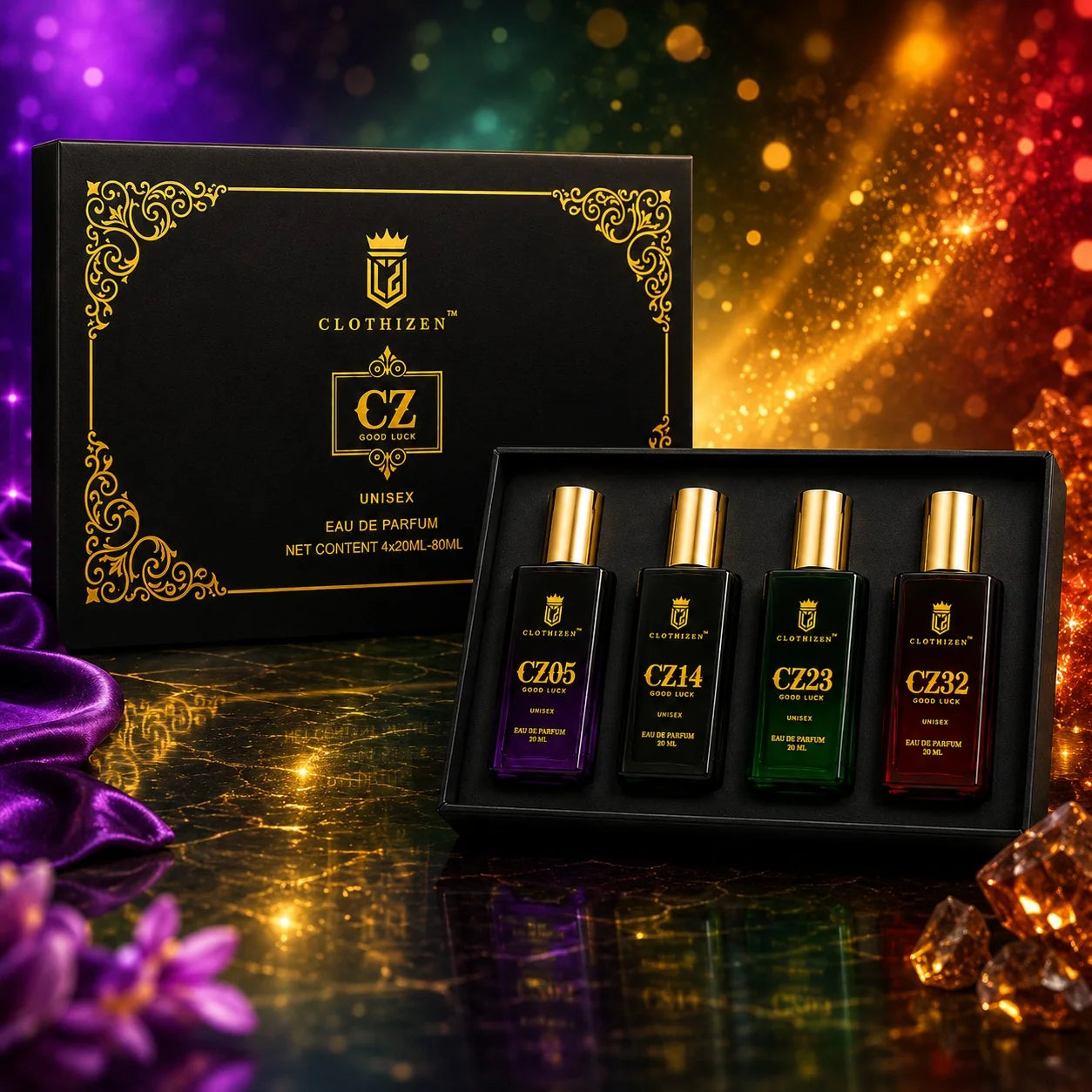 Clothizen Unisex Luxury Perfume Gift Set | Good Luck Series | 4x20ml | Long Lasting Perfume | Woody, Aquatic,Jasmine,saffron & Musk Fragrance Notes| Eau de Parfum  -  80 ml (For Men & Women)