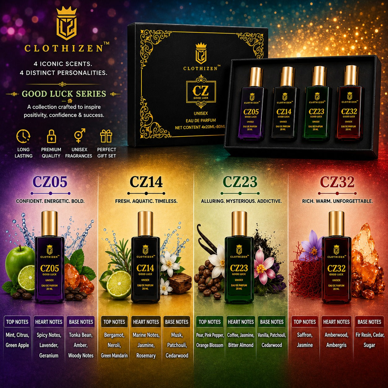 Clothizen Unisex Luxury Perfume Gift Set | Good Luck Series | 4x20ml | Long Lasting Perfume | Woody, Aquatic,Jasmine,saffron & Musk Fragrance Notes| Eau de Parfum  -  80 ml (For Men & Women) Secondary image