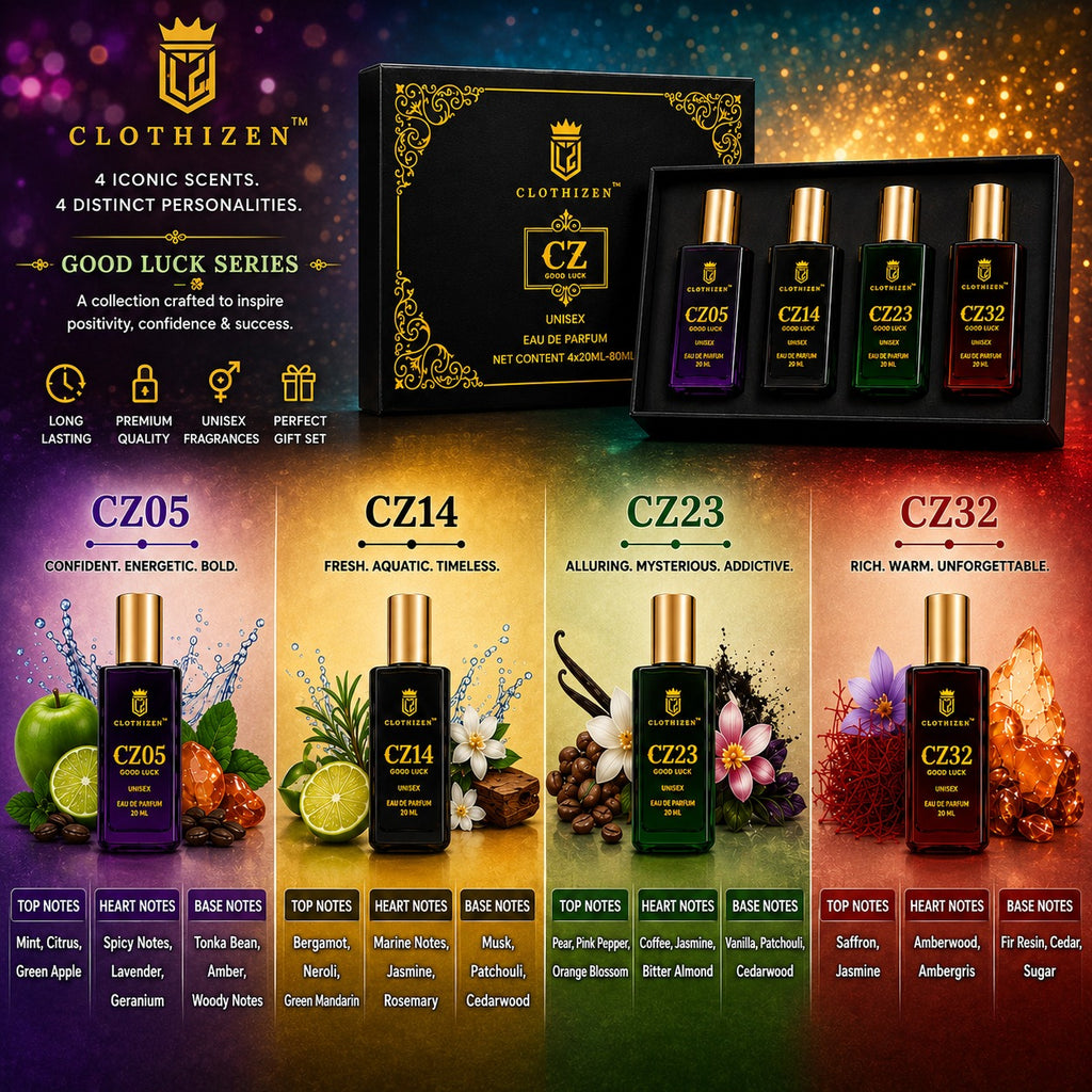 Clothizen Unisex Luxury Perfume Gift Set | Good Luck Series | 4x20ml | Long Lasting Perfume | Woody, Aquatic,Jasmine,saffron & Musk Fragrance Notes| Eau de Parfum  -  80 ml (For Men & Women)